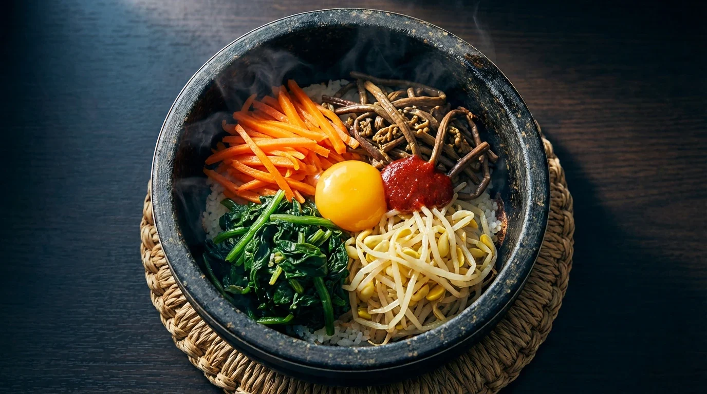 Dolsot bibimbap served in a black stone pot with carrots, spinach, bean sprouts, gosari, a raw egg yolk, and gochujang over steamed white rice