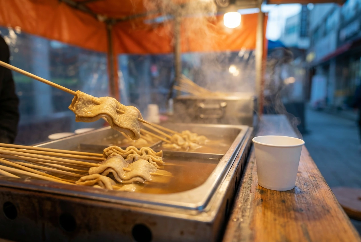Eomuk (Korean fish cake) skewers simmering in broth at a pojangmacha street stall, with a cup of the free soup on the side