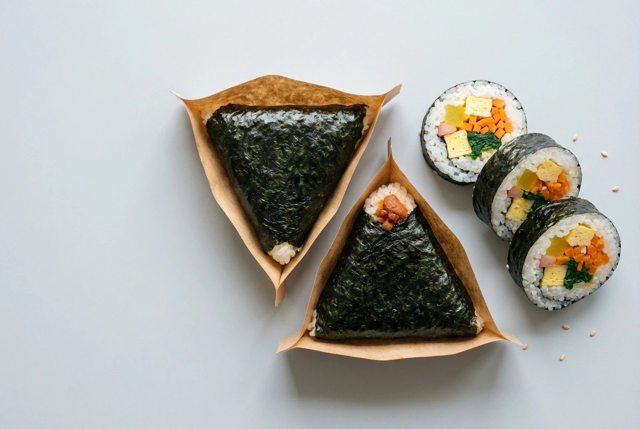 Sliced gimbap rounds and samgak gimbap triangles arranged on a grey surface, showing their fillings in cross-section