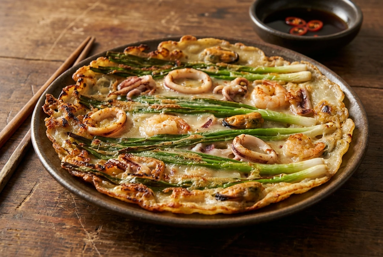 Haemul pajeon (Korean seafood and spring onion pancake) on a dark ceramic plate with a soy dipping sauce, showing crispy edges and visible squid, shrimp, and spring onion