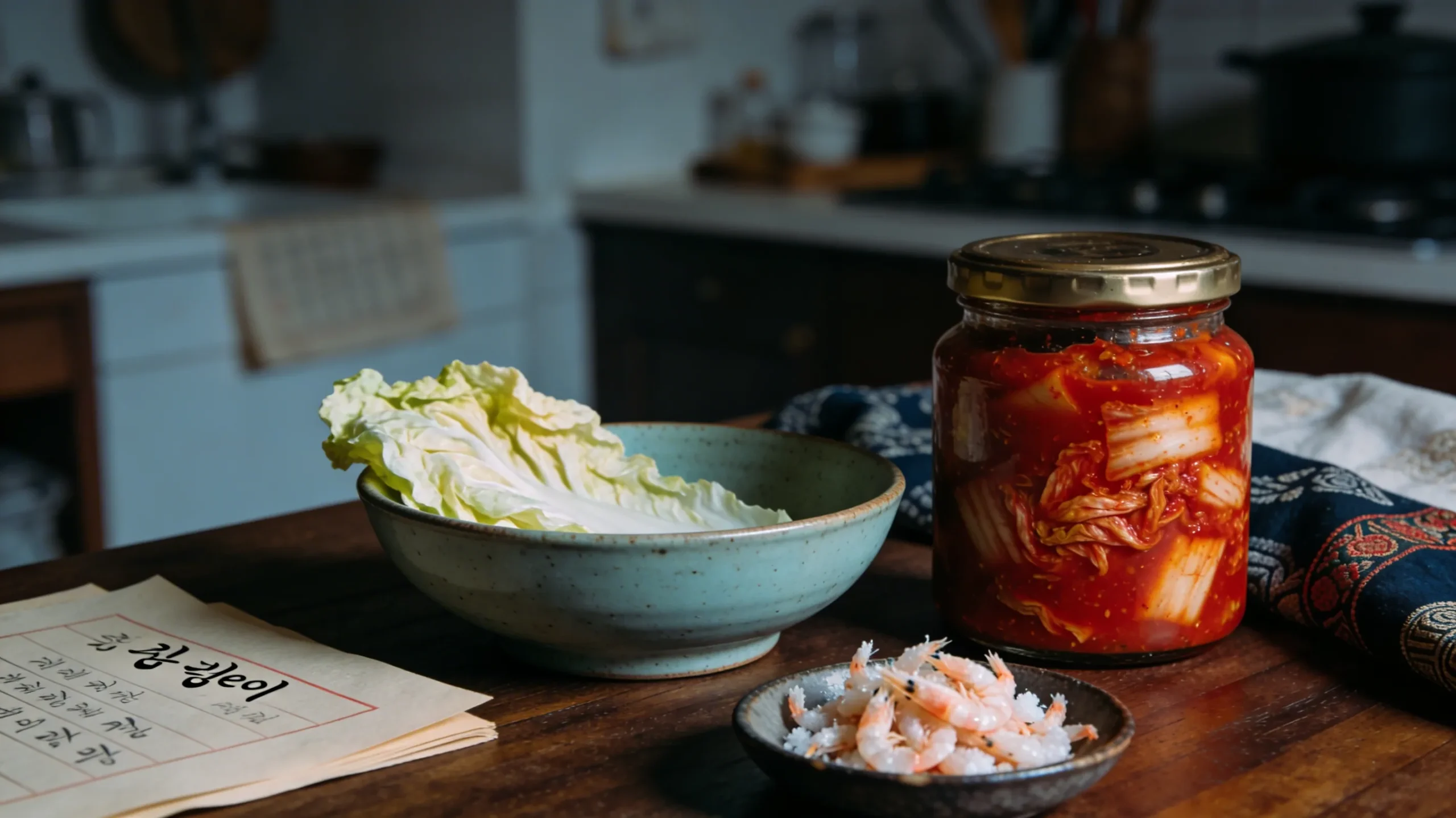 Jar of spicy kimchi next to a bowl of fresh napa cabbage leaves and a small dish of shrimp on a wooden kitchen table