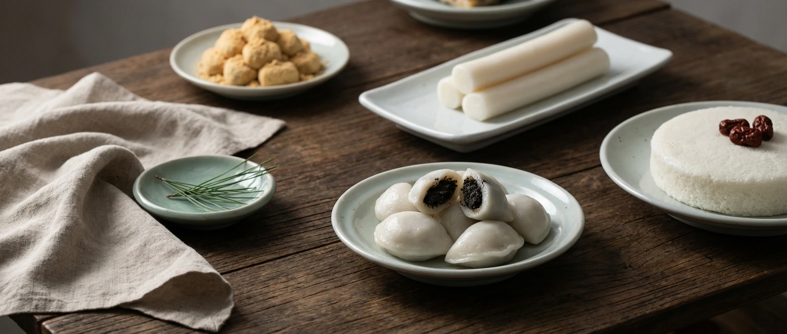 Assorted Korean tteok rice cakes on celadon plates — songpyeon, garaetteok, injeolmi, and baekseolgi on a wooden table with pine needles