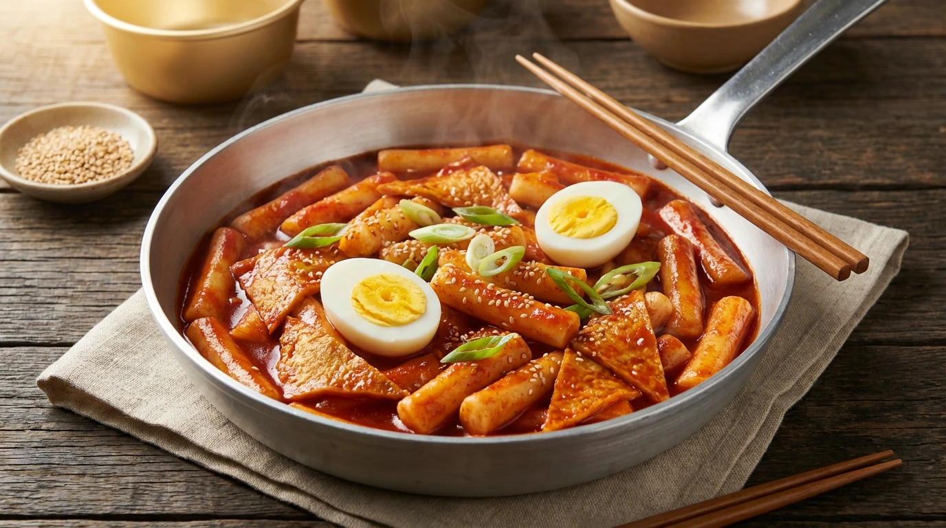 Tteokbokki in a pan — glossy gochujang sauce coating chewy rice cakes, fish cake triangles, halved boiled eggs, spring onions, and sesame seeds on a wooden table