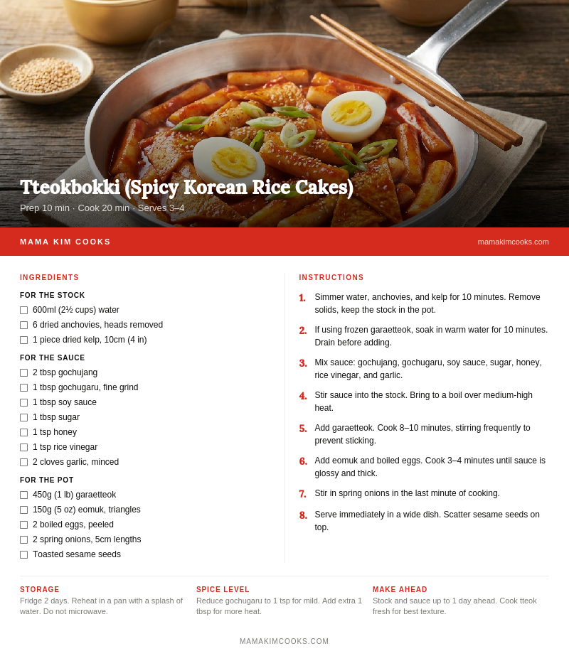  Tteokbokki recipe card showing ingredients and step-by-step instructions
