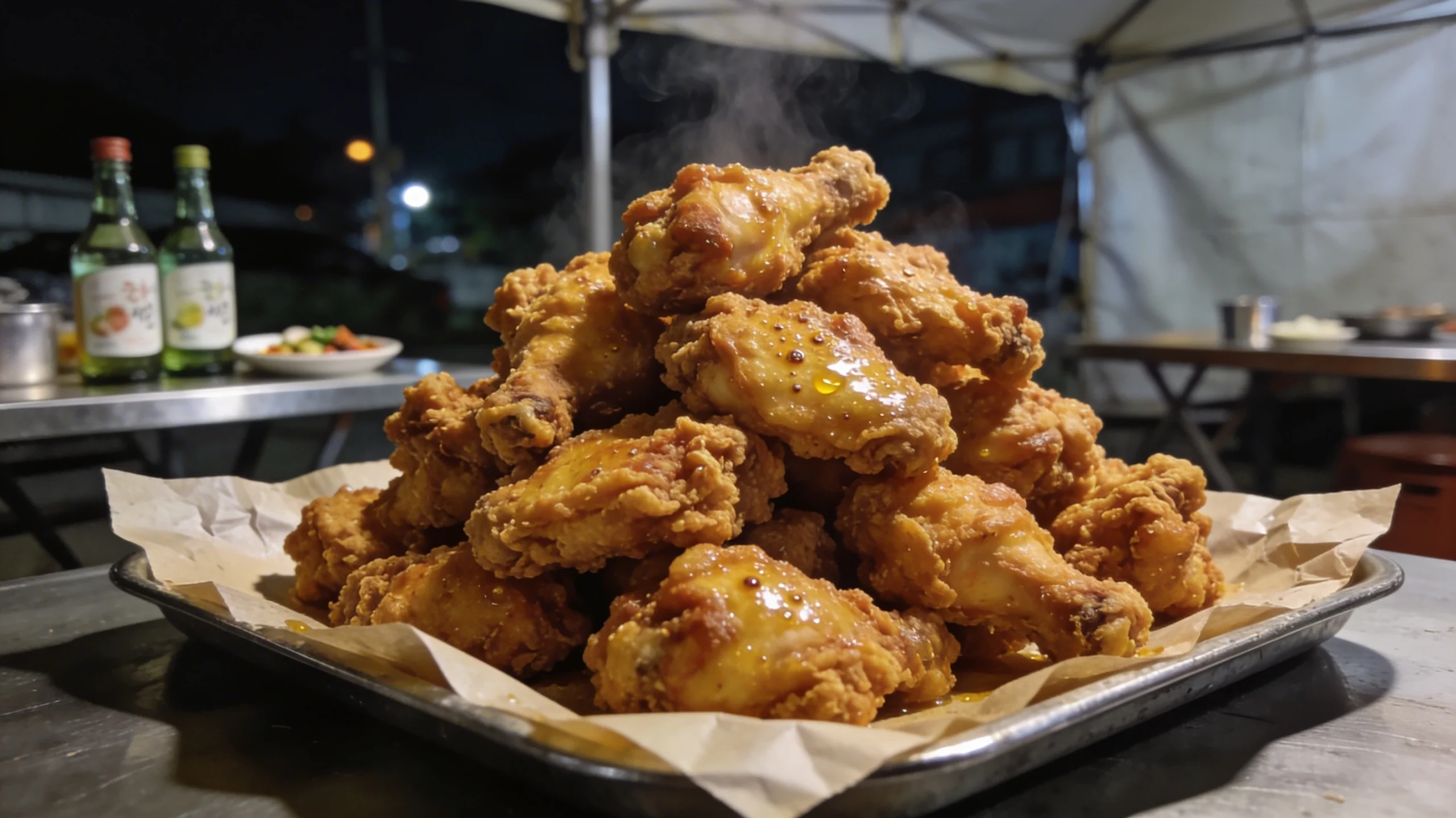 Plate of steaming Korean fried chicken piled high, golden-crispy drumsticks with glaze.