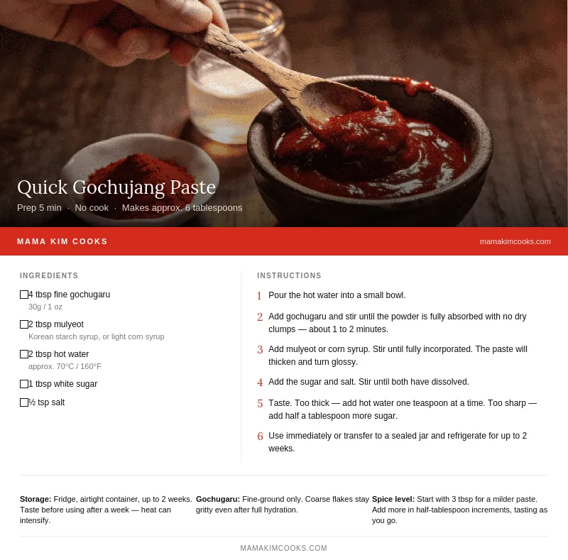 Quick Gochujang Paste recipe card showing ingredients and step-by-step instructions