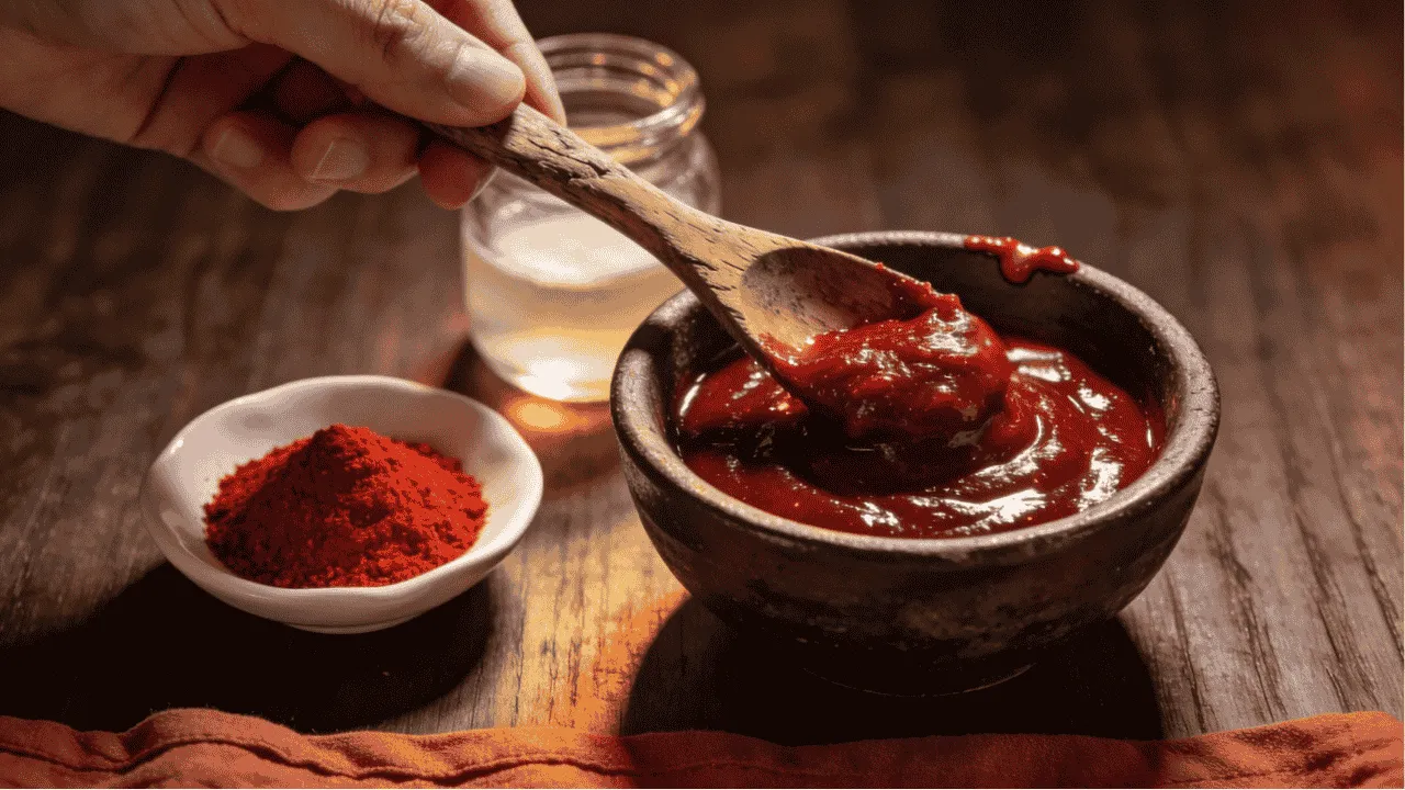 Homemade gochujang paste in a Korean ceramic bowl with fine gochugaru powder and a wooden spoon
