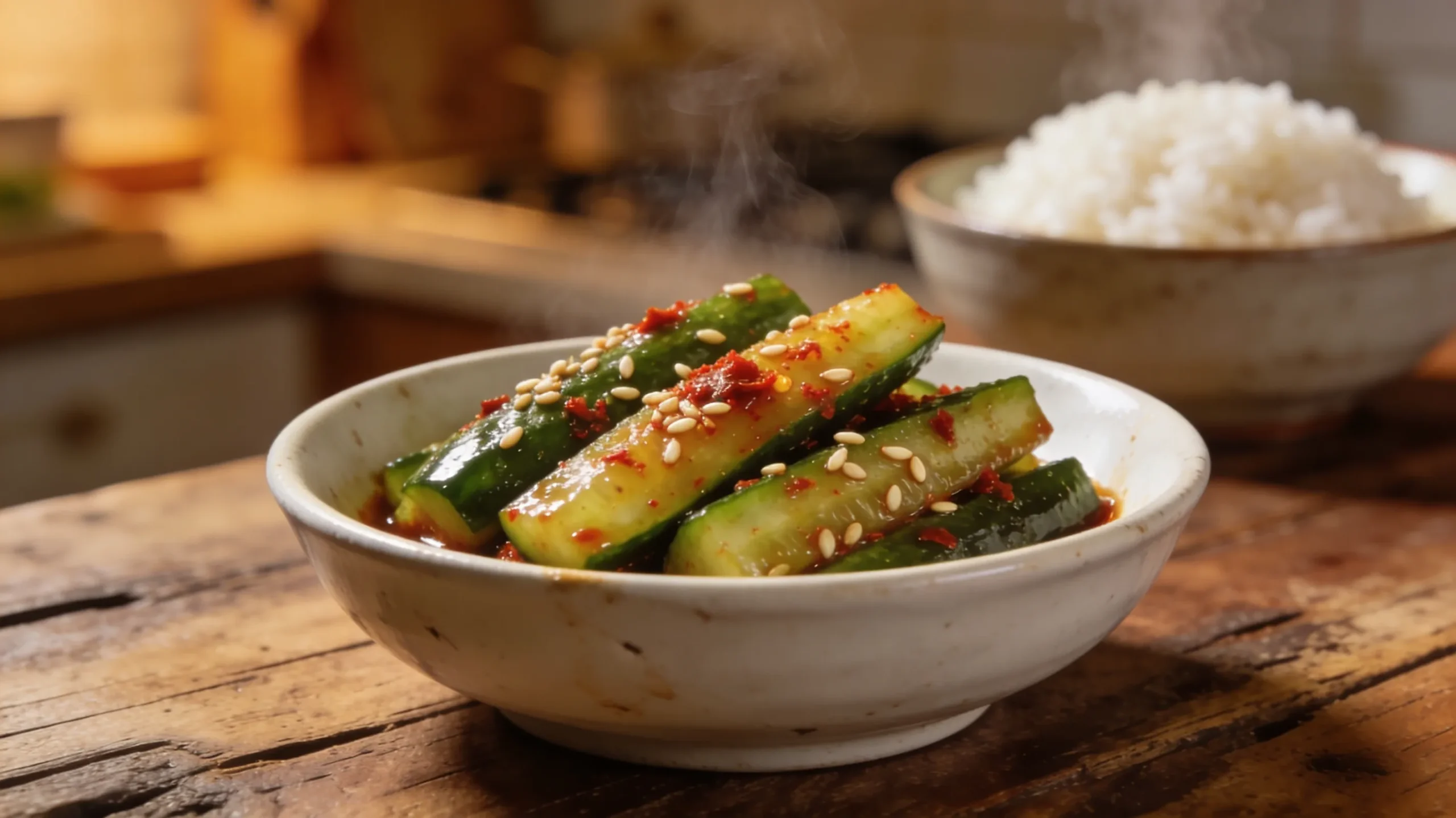 Korean spicy cucumber recipe — oi muchim in a white ceramic bowl with gochugaru and sesame seeds on a wooden table